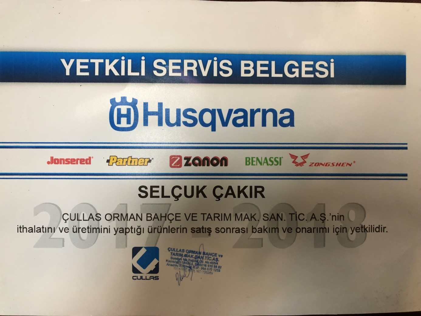 HUSQVARNA YETKİLİ SERVİS BELGESİ